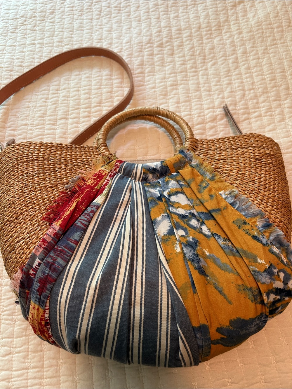 Sam Edelman Multicolor Patchwork Straw Tote with Tan Strap - Picture 2 of 5